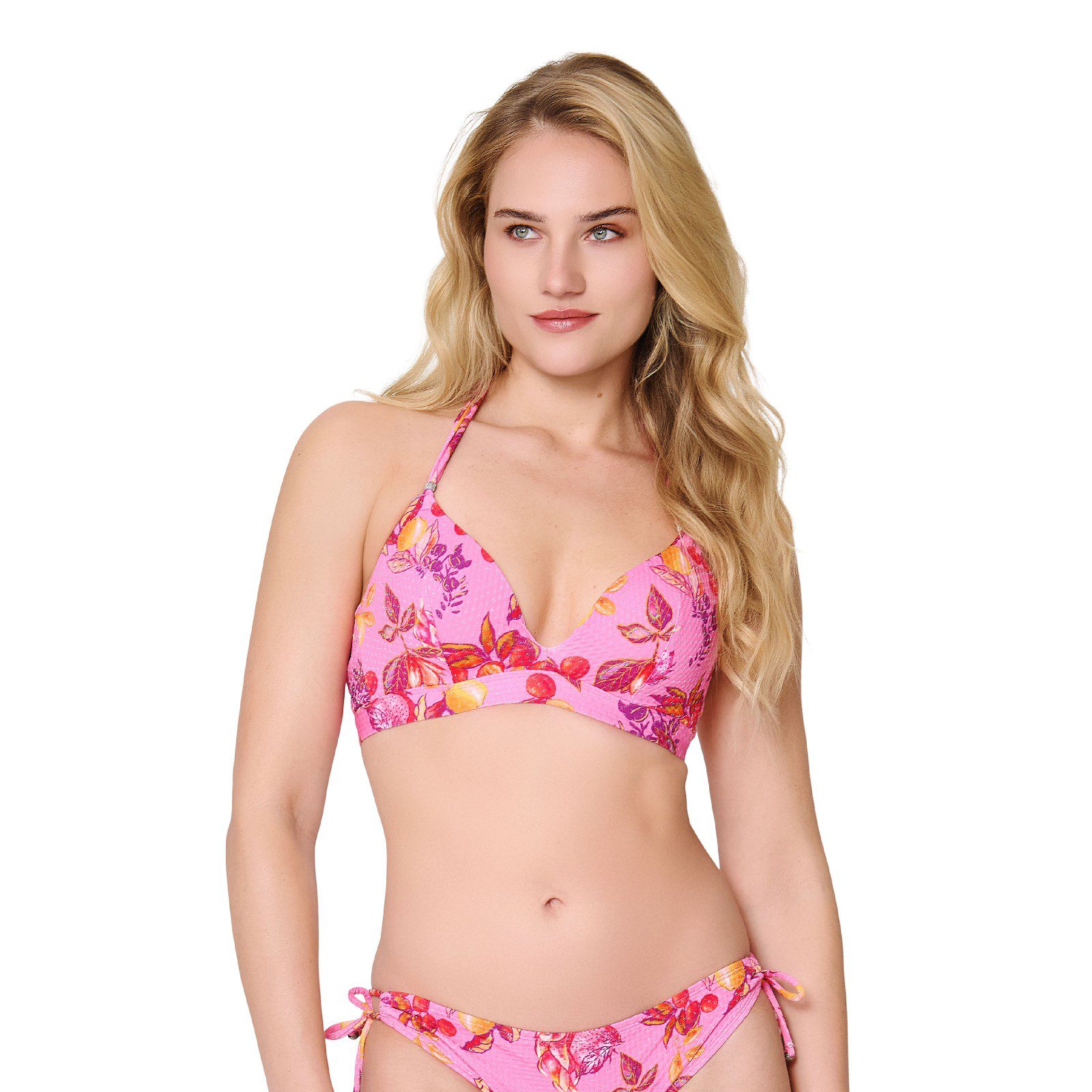Bloemen bikinitop met ruches - Blauw - Maat 46